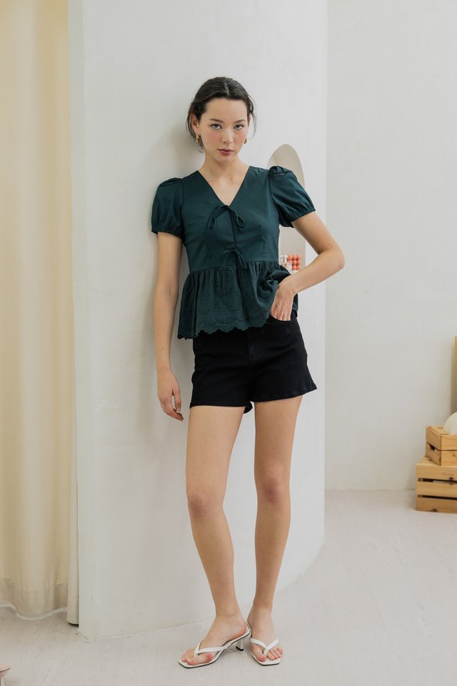 Tilly Tie Ribbon Eyelet Top In Emerald