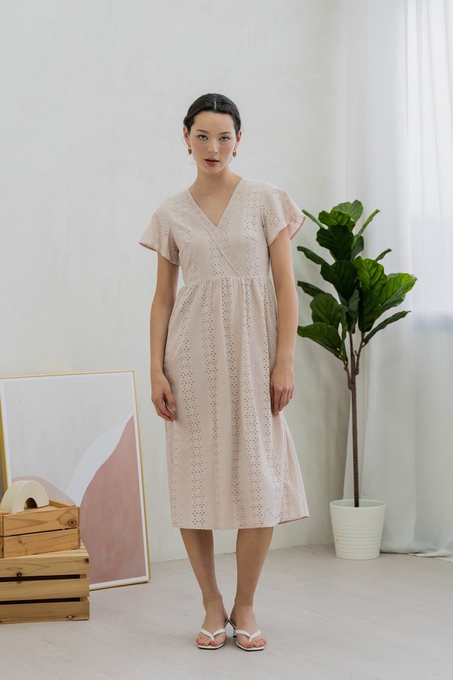 Caprise Crochet Eyelet Midi Dress In Dusty Pink