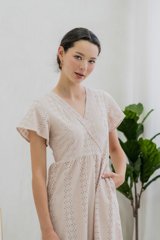 Caprise Crochet Eyelet Midi Dress In Dusty Pink