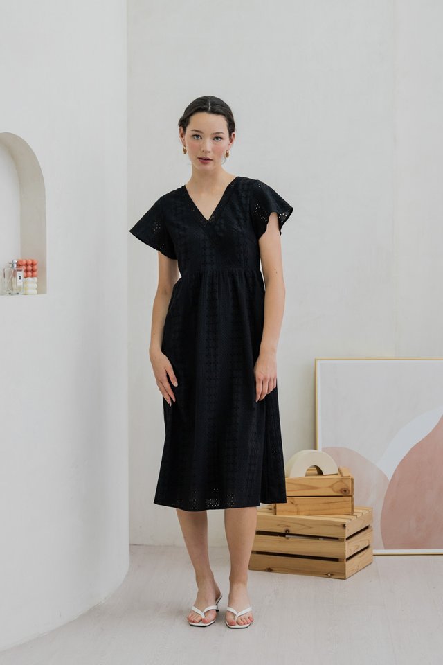 Caprise Crochet Eyelet Midi Dress In Black