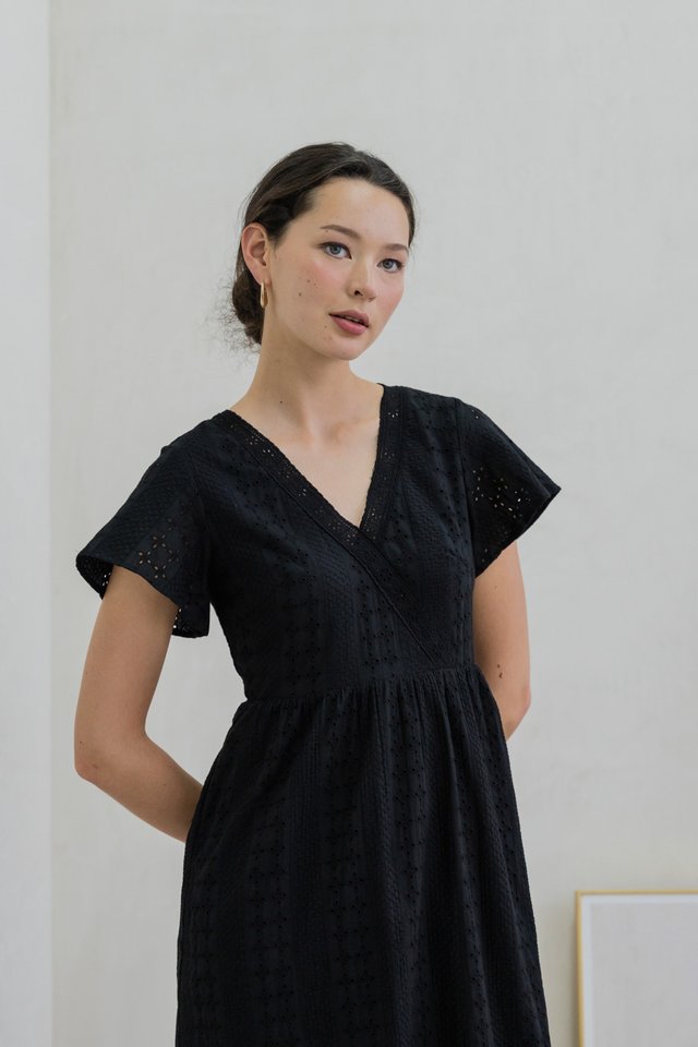Caprise Crochet Eyelet Midi Dress In Black