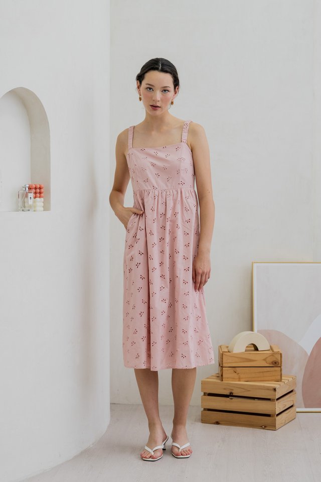 Elle Eyelet Midi Dress In Pink