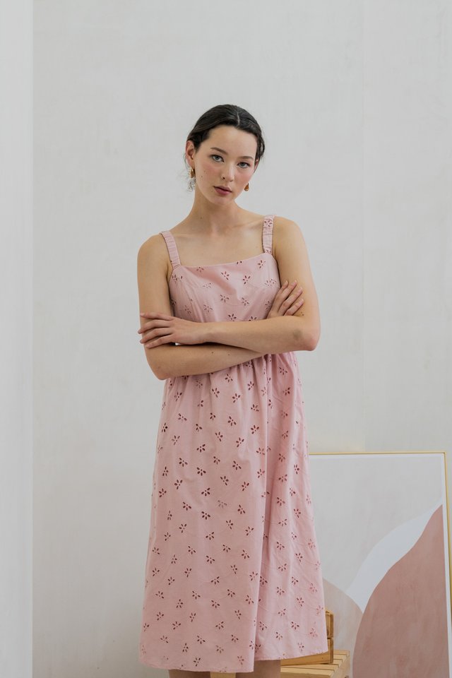 Elle Eyelet Midi Dress In Pink