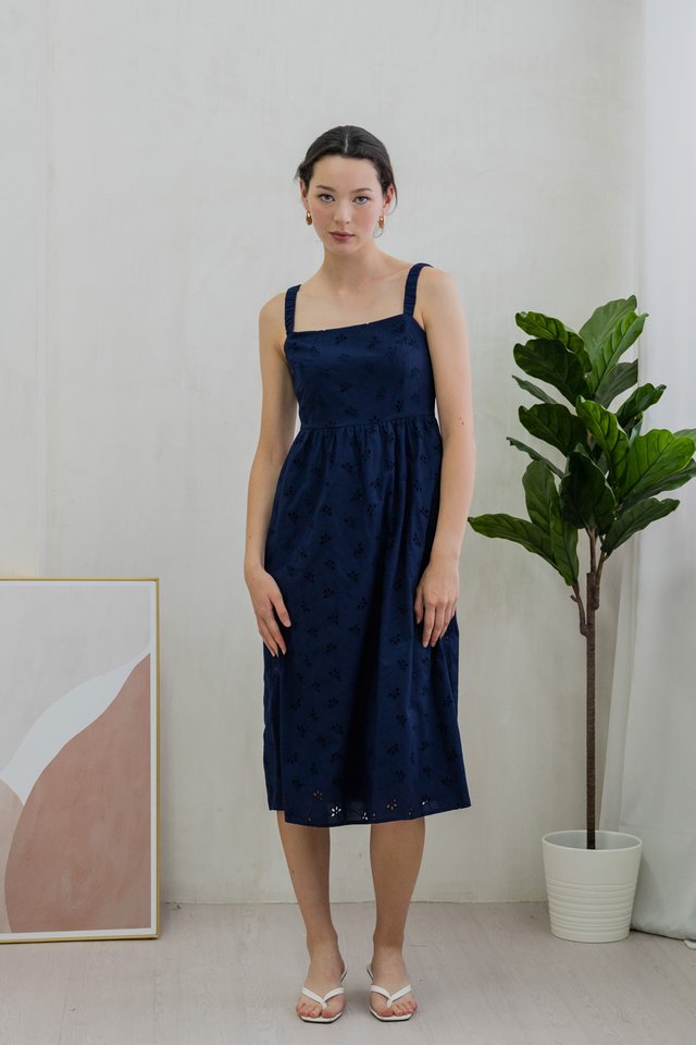 Elle Eyelet Midi Dress In Navy