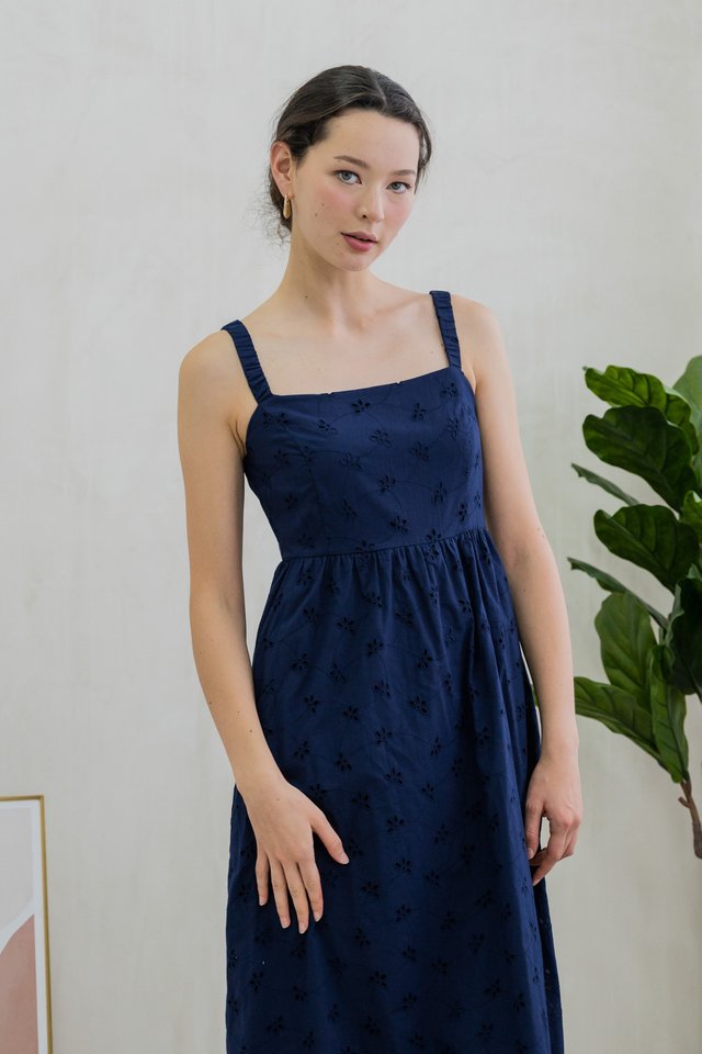 Elle Eyelet Midi Dress In Navy