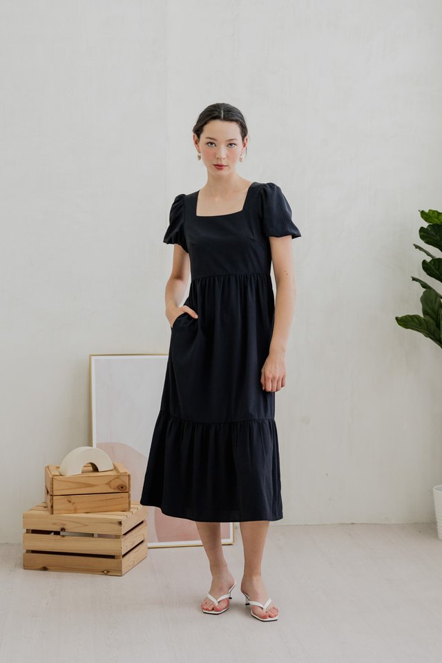Theresa Texture Puffed Sleeve Maxi Dress In Black