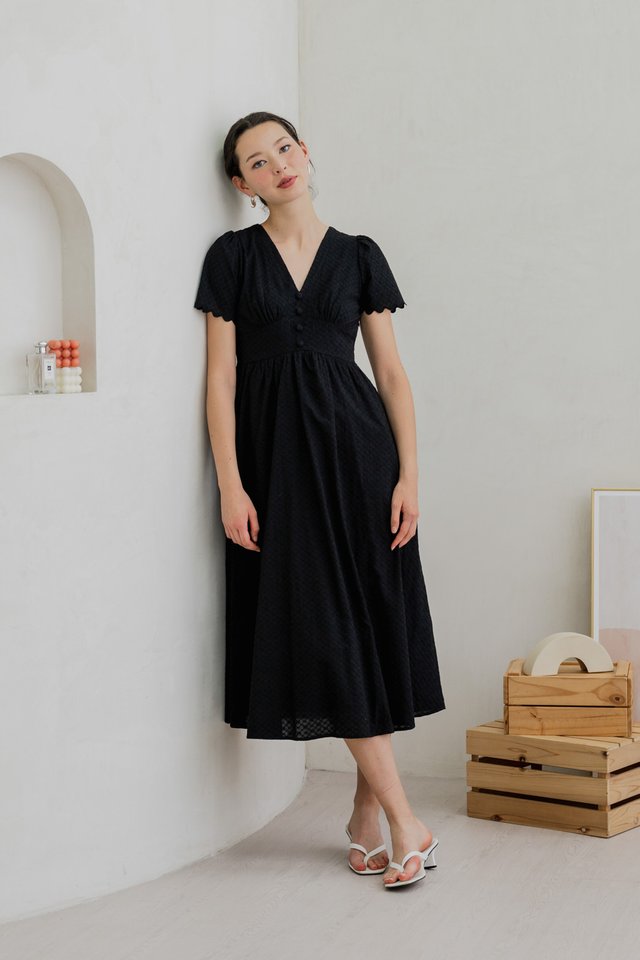Layana Eyelet Empire Button Maxi Dress In Black