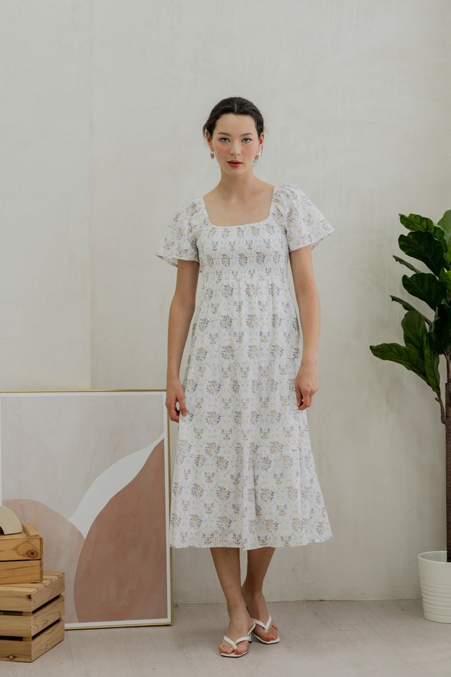 Skyler Flora Eyelet Smocked Maxi Dress In White