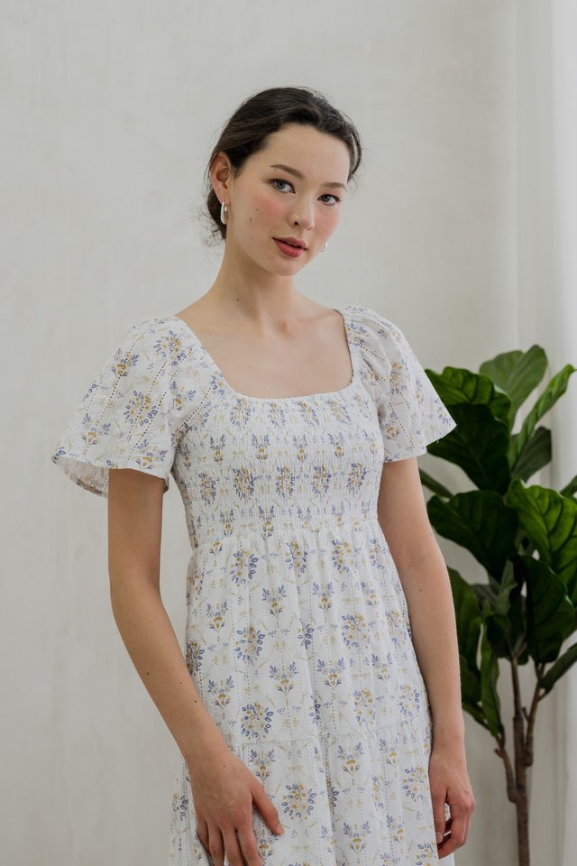 Skyler Flora Eyelet Smocked Maxi Dress In White