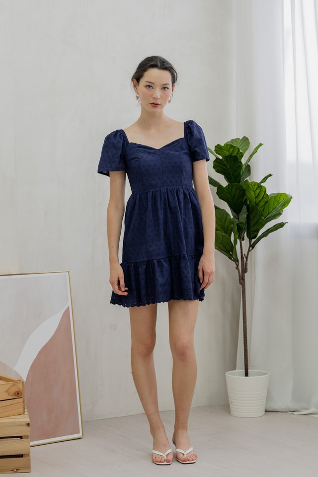 Ellis Eyelet Embroidery Flare Sleeve Dress In Navy