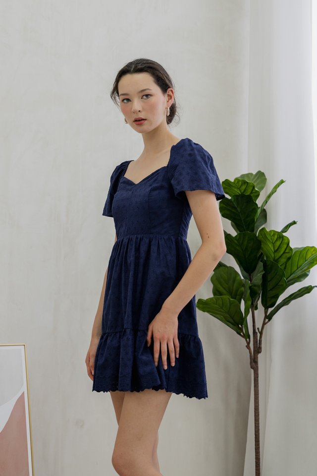 Ellis Eyelet Embroidery Flare Sleeve Dress In Navy