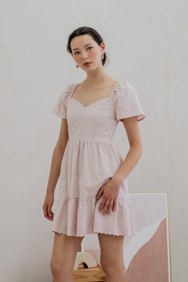 Ellis Eyelet Embroidery Flare Sleeve Dress In Pink
