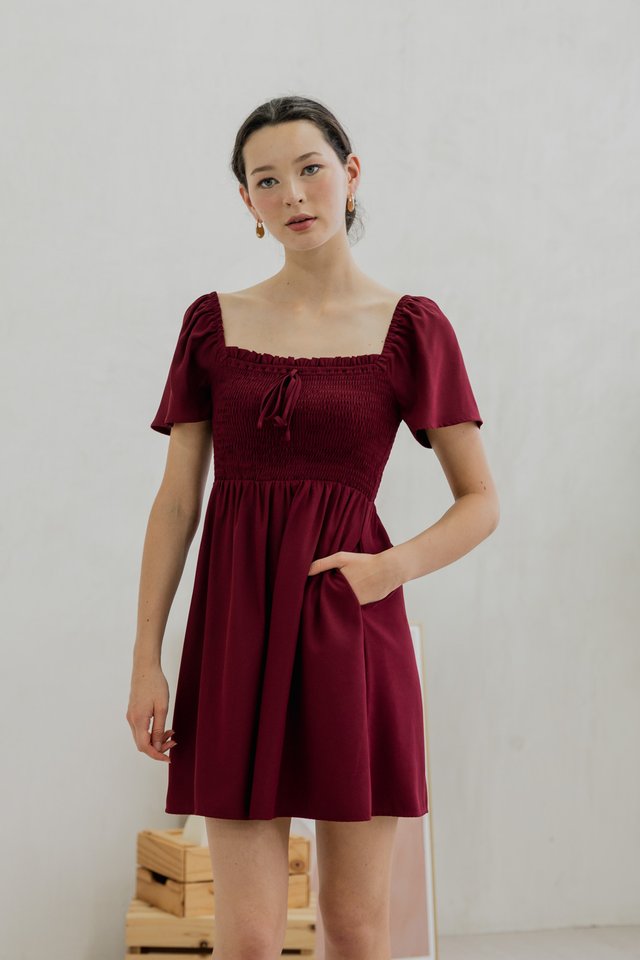 Rowana Ribbon Smocked Dress In Wine