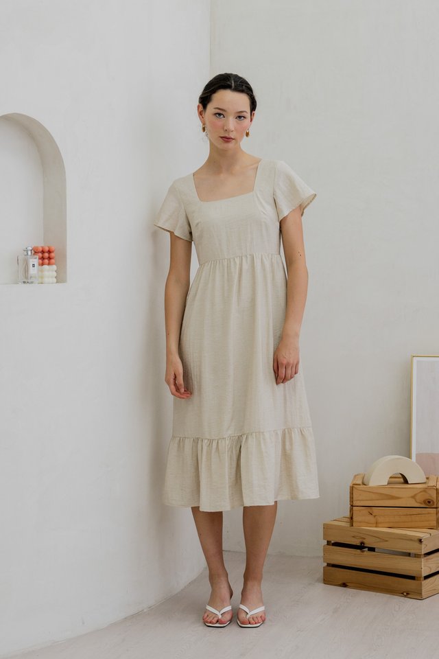 Feliz Flare Sleeve Midi Dress In Oat