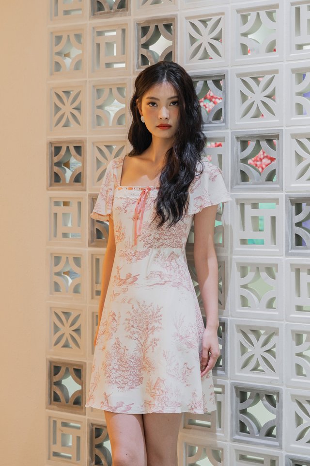 Cielo Ribbonette Flare Sleeve Dress In Muted Rose