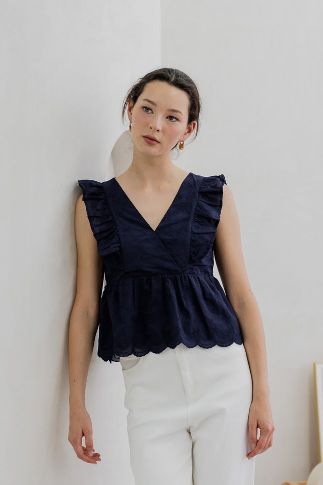 Avril Ribbon Embroidered Ruffle Top In Navy