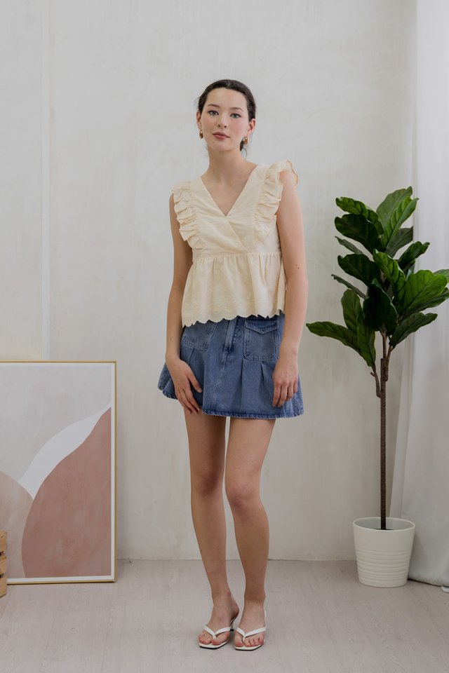 Avril Ribbon Embroidered Ruffle Top In Cream