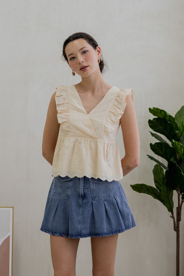 Avril Ribbon Embroidered Ruffle Top In Cream