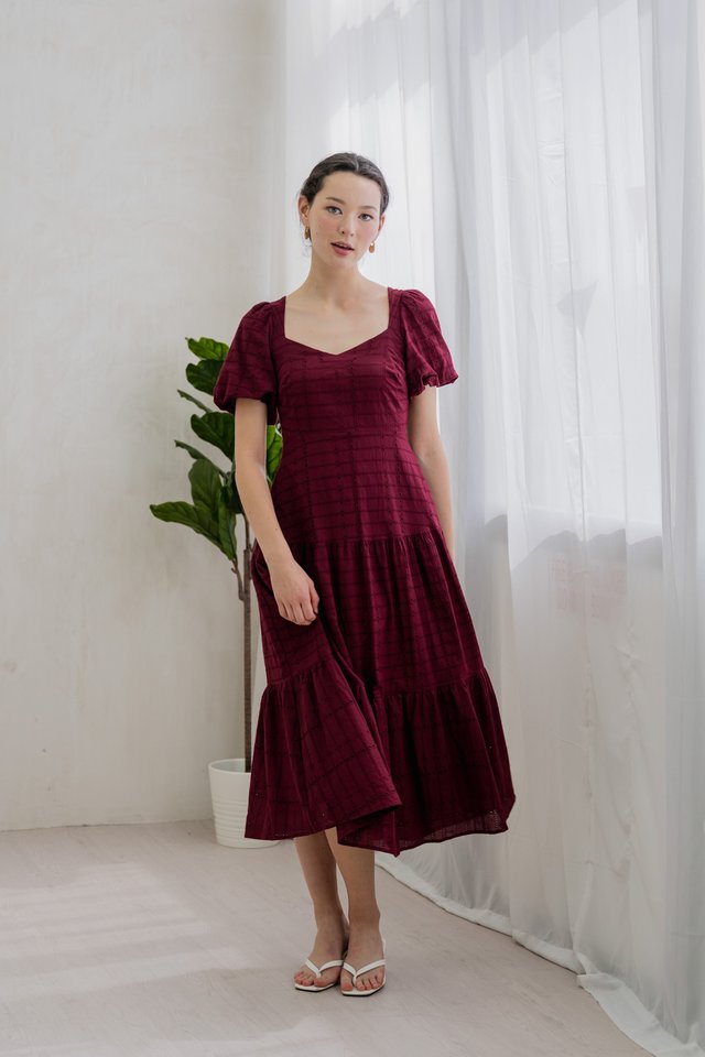 Esther Eyelet Puffed Sleeve Maxi Dress In Wine