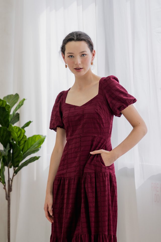 Esther Eyelet Puffed Sleeve Maxi Dress In Wine