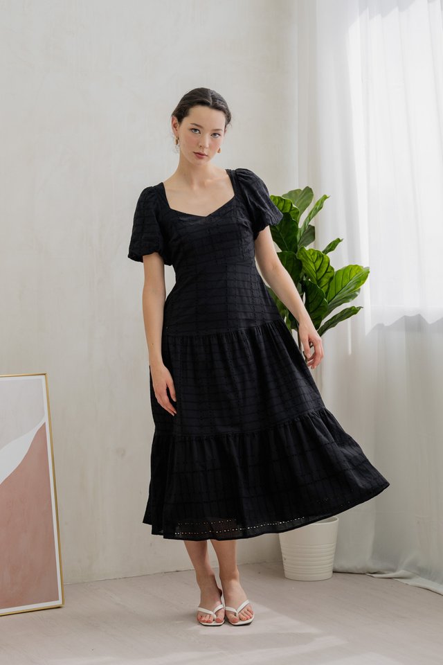 Esther Eyelet Puffed Sleeve Maxi Dress In Black