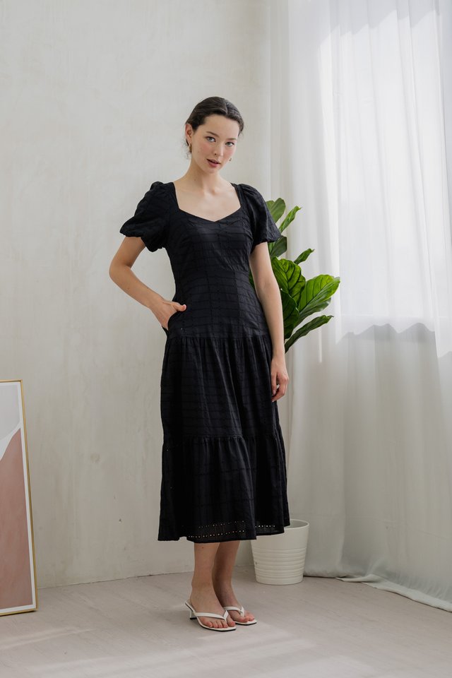 Esther Eyelet Puffed Sleeve Maxi Dress In Black