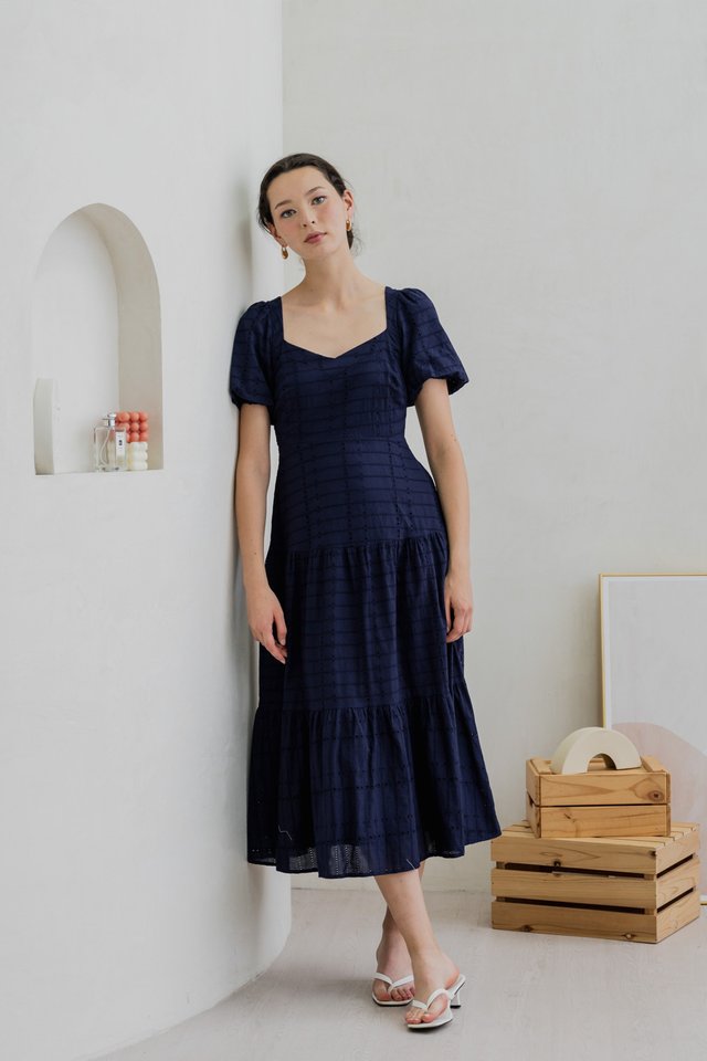 Esther Eyelet Puffed Sleeve Maxi Dress In Navy