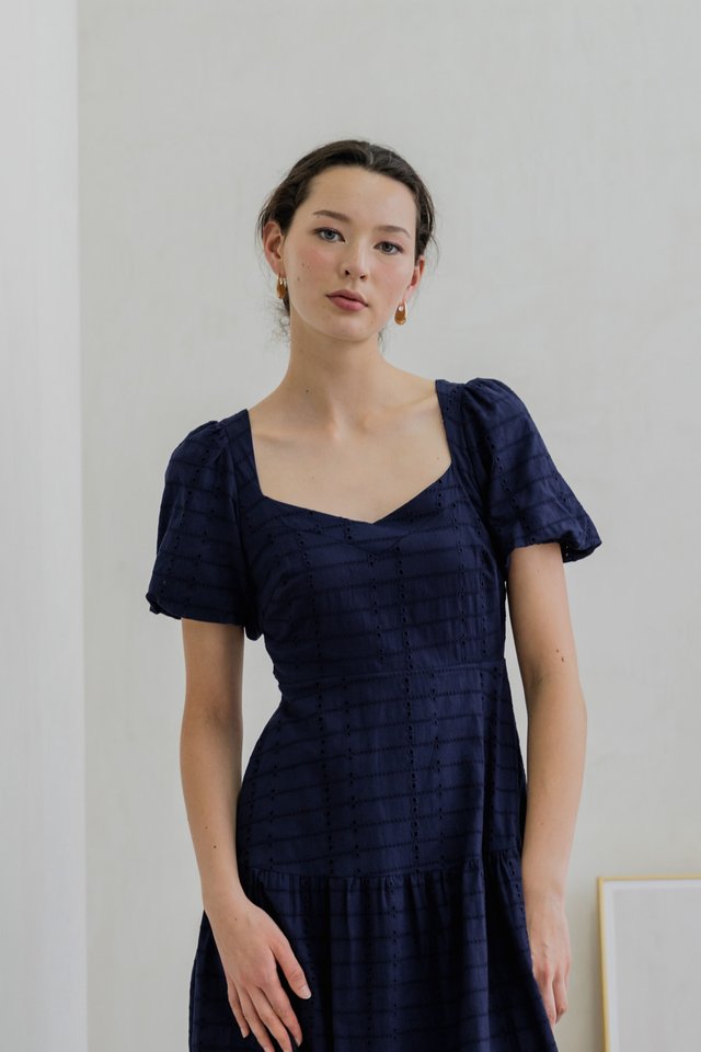 Esther Eyelet Puffed Sleeve Maxi Dress In Navy