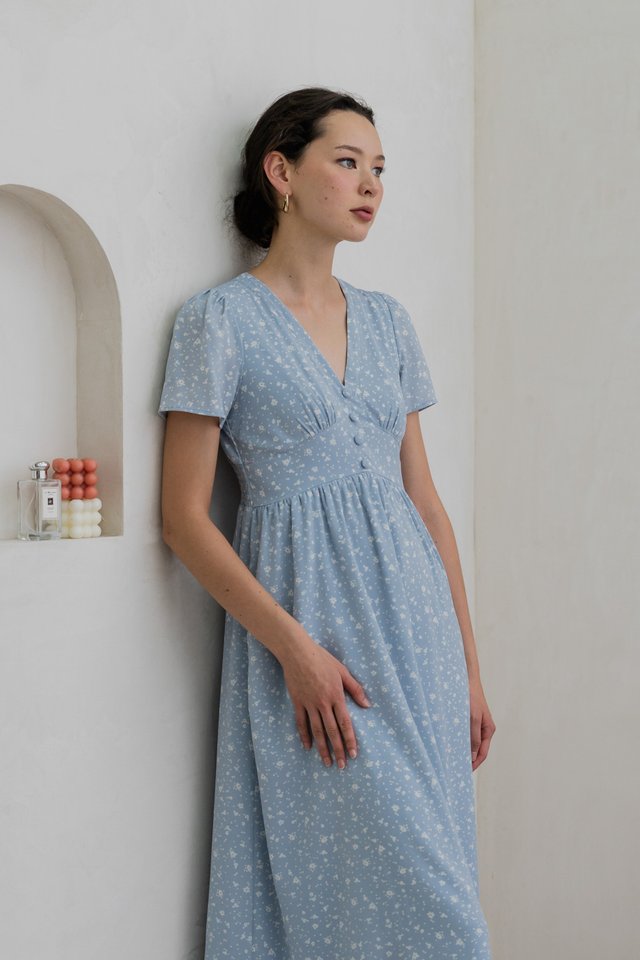 Fabiola Floral Empire Waist Maxi Dress In Blue