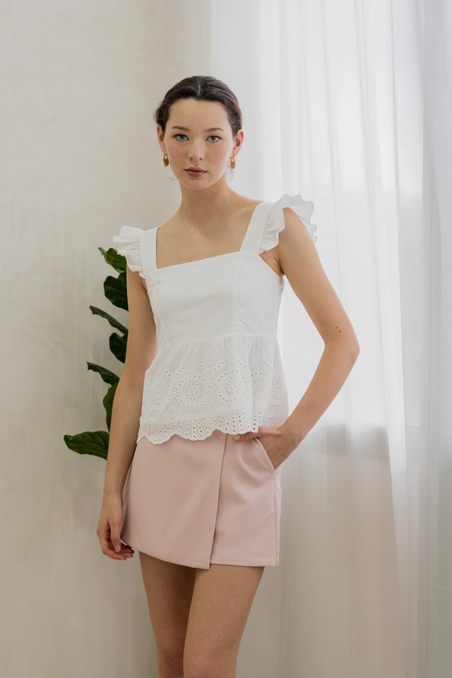 Belinda Eyelet Hem Babydoll Top In White