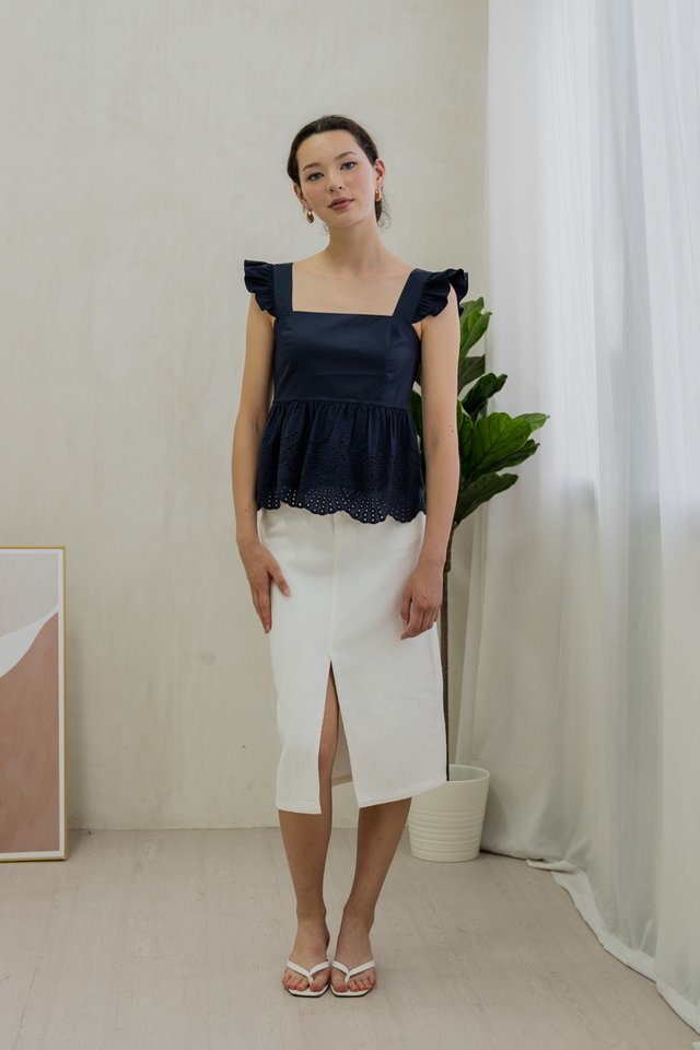 Belinda Eyelet Hem Babydoll Top In Navy