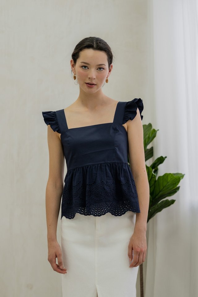 Belinda Eyelet Hem Babydoll Top In Navy