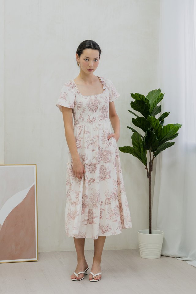Cielo Printed Smocked Tier Maxi Dress In Muted Rose
