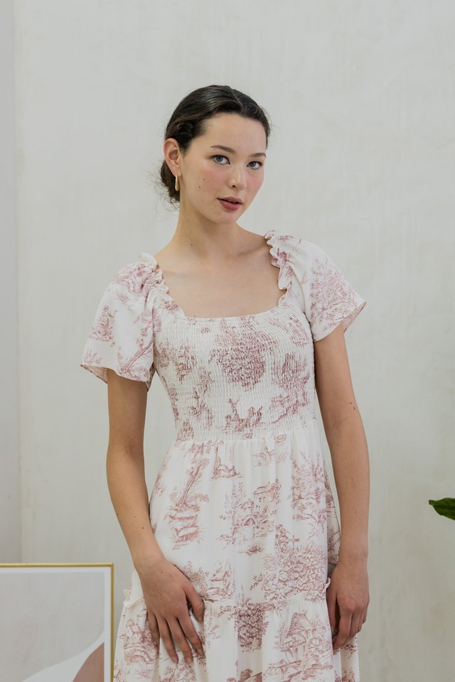 Cielo Printed Smocked Tier Maxi Dress In Muted Rose