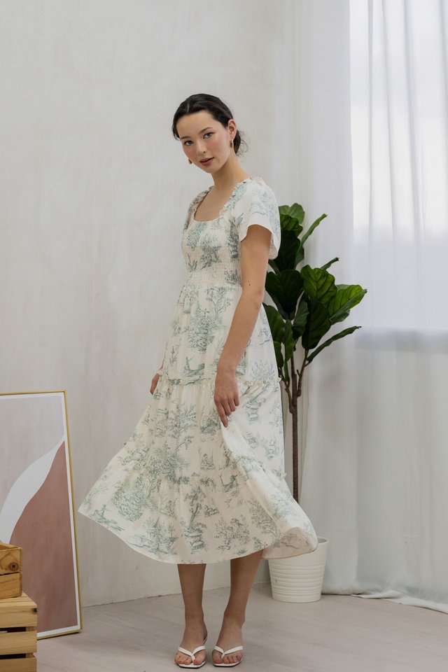 Cielo Printed Smocked Tier Maxi Dress In Muted Green