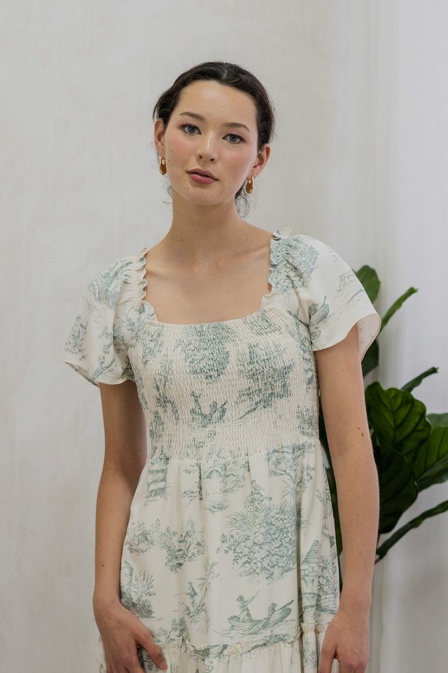 Cielo Printed Smocked Tier Maxi Dress In Muted Green