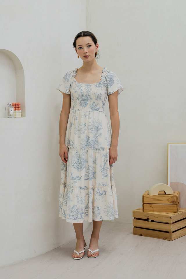 Cielo Printed Smocked Tier Maxi Dress In Blue