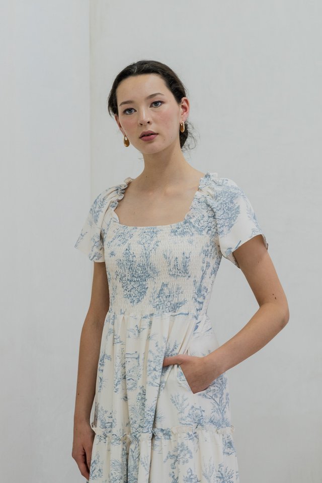 Cielo Printed Smocked Tier Maxi Dress In Blue