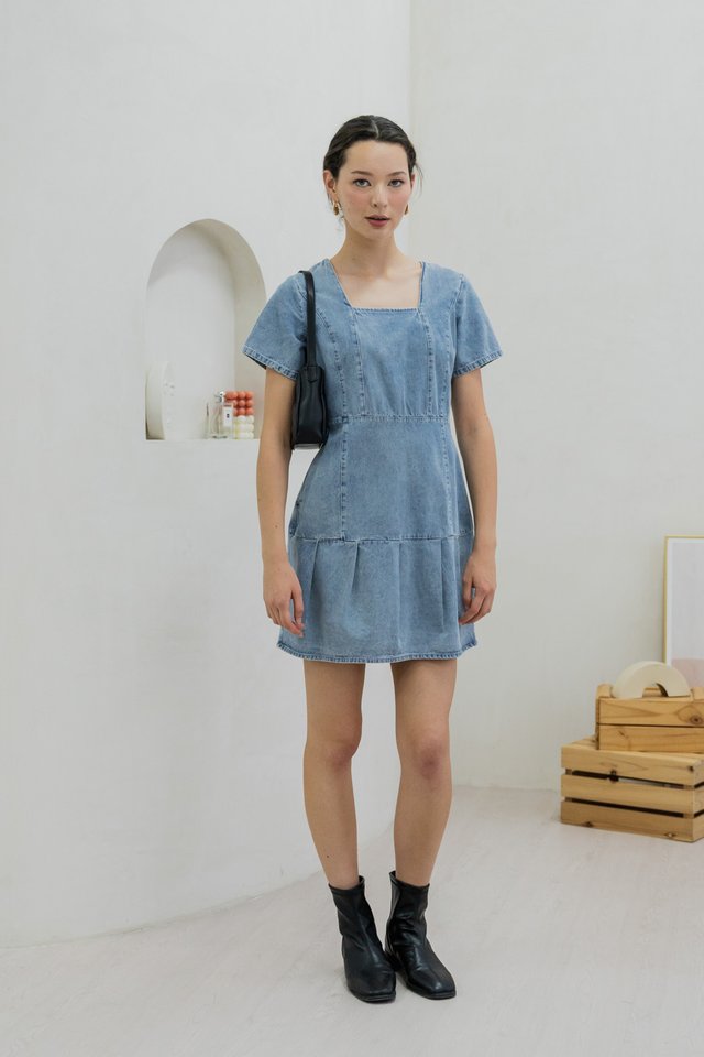 Claude Denim Panelled Square Neck Dress