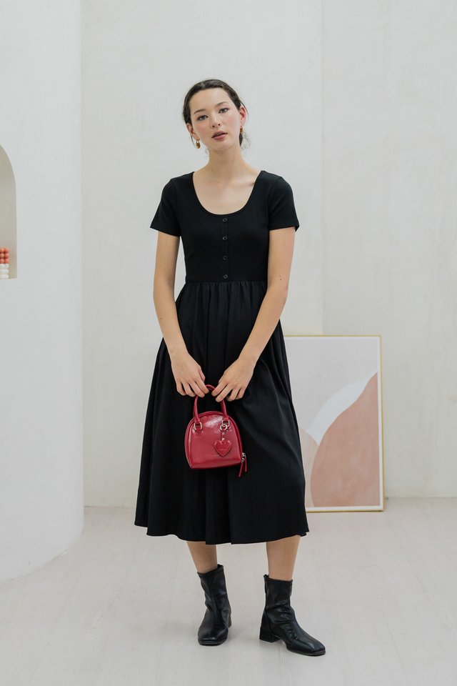 Merliah Mixed Fabric Button Midi Dress In Black