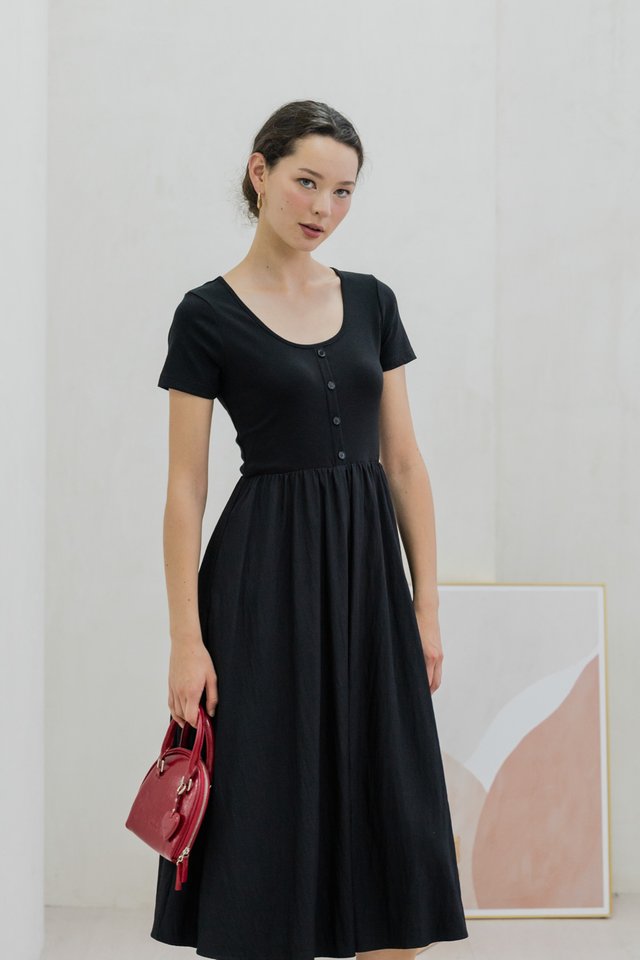 Merliah Mixed Fabric Button Midi Dress In Black