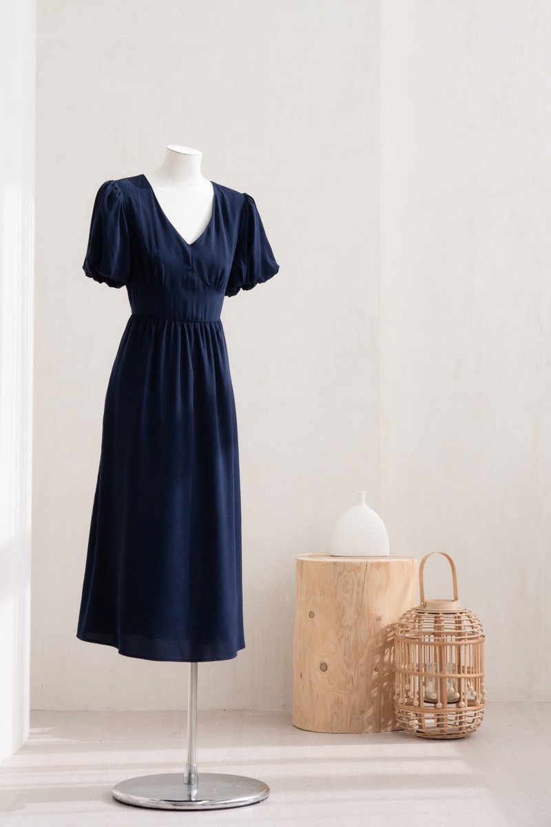 Paisley Puffed Sleeve Empire Midi Dress In Navy (XS)