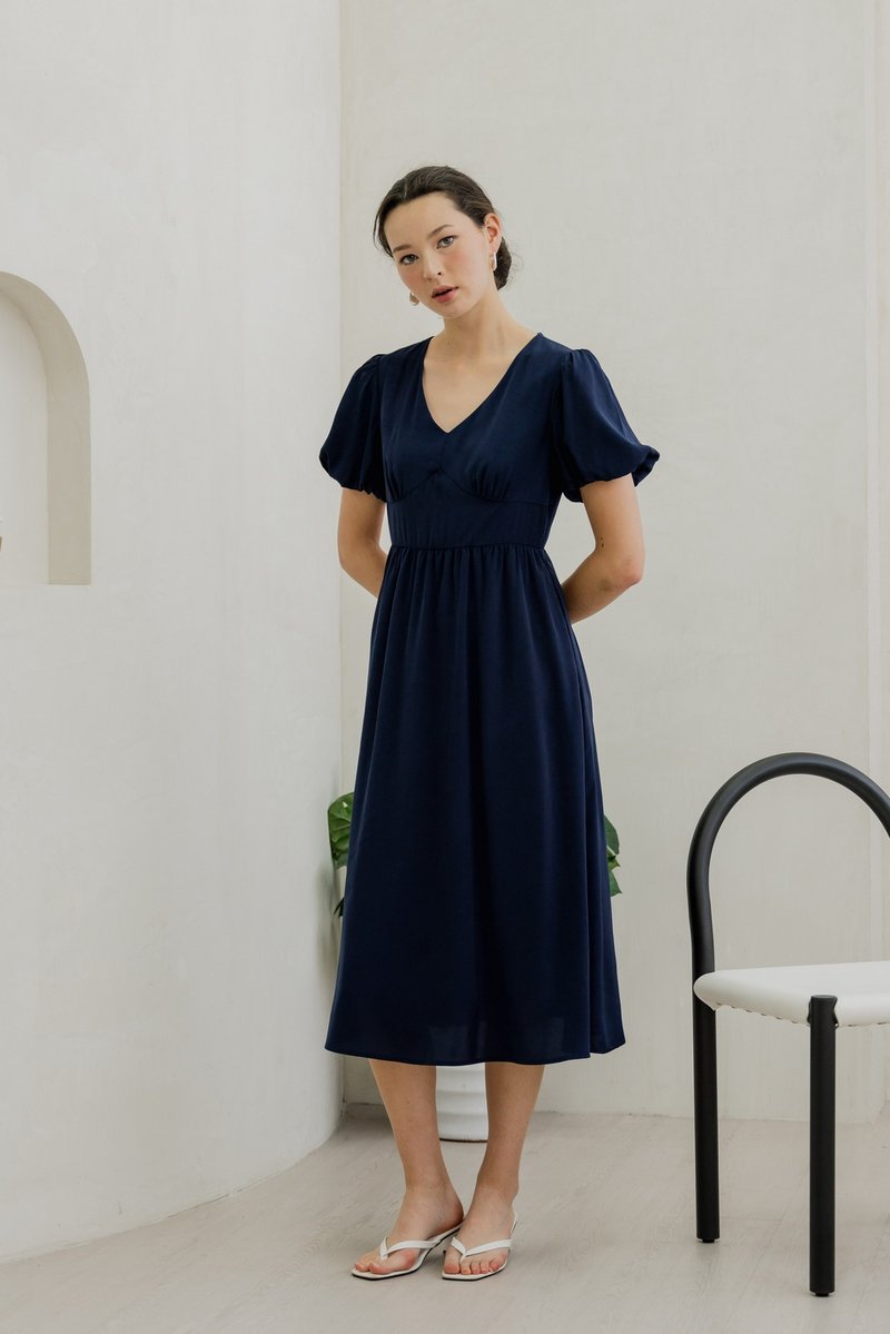 Paisley Puffed Sleeve Empire Midi Dress In Navy (XS)