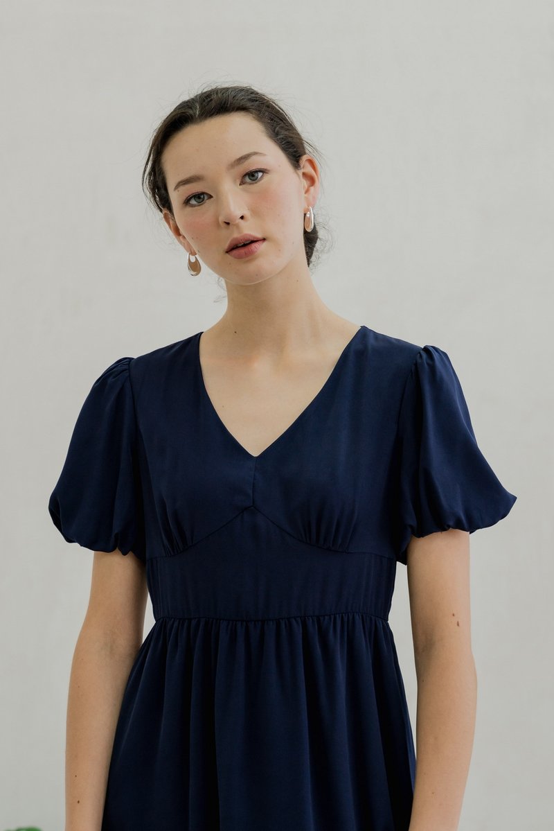 Paisley Puffed Sleeve Empire Midi Dress In Navy (XS)