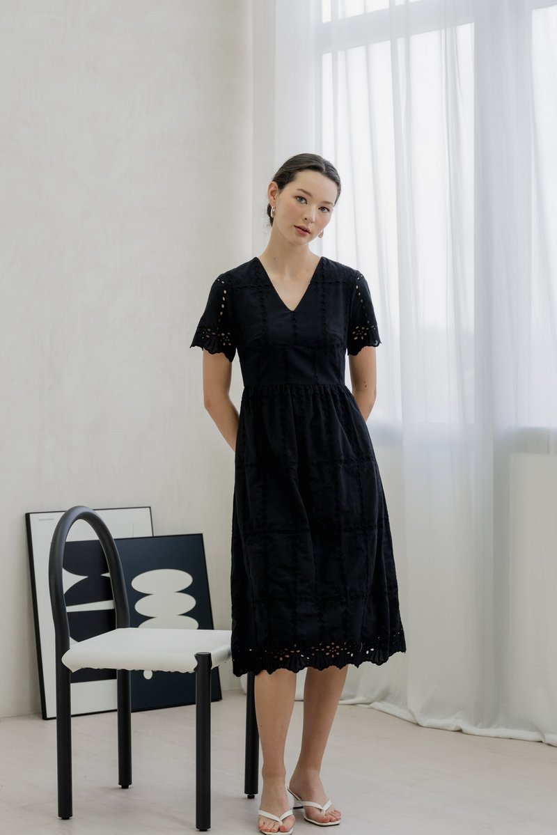 Esme Empire Eyelet Midi Dress In Black (XS)