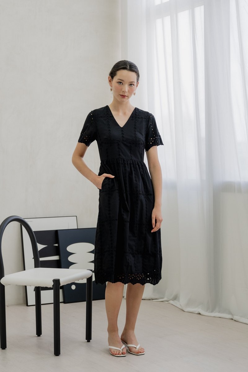Esme Empire Eyelet Midi Dress In Black (XS)