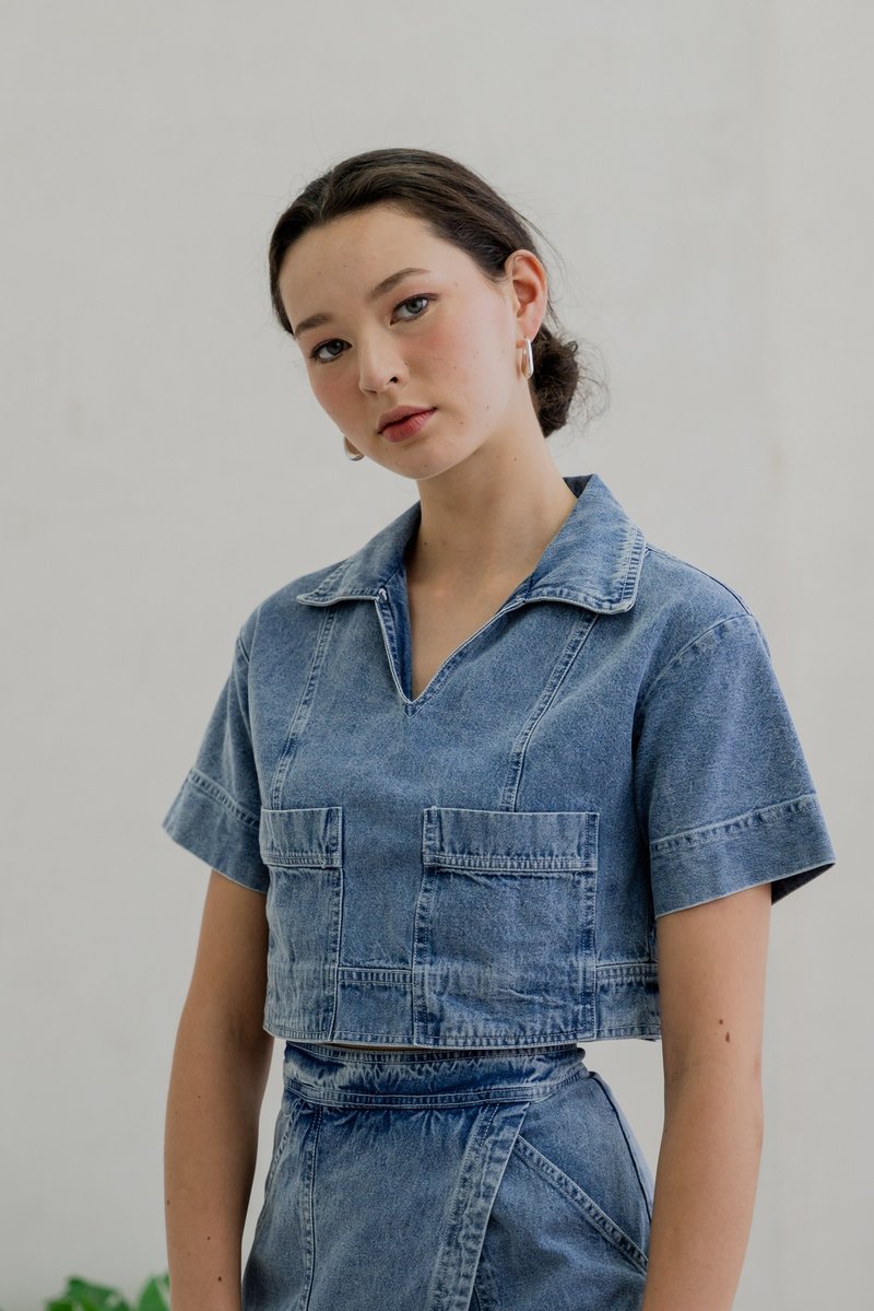 Daffodil Denim Pocket Collared Top