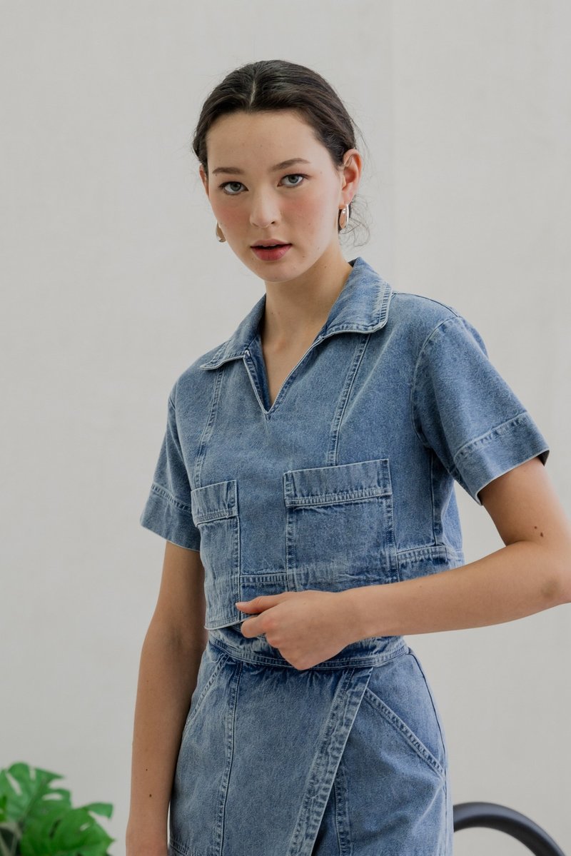 Daffodil Denim Pocket Collared Top