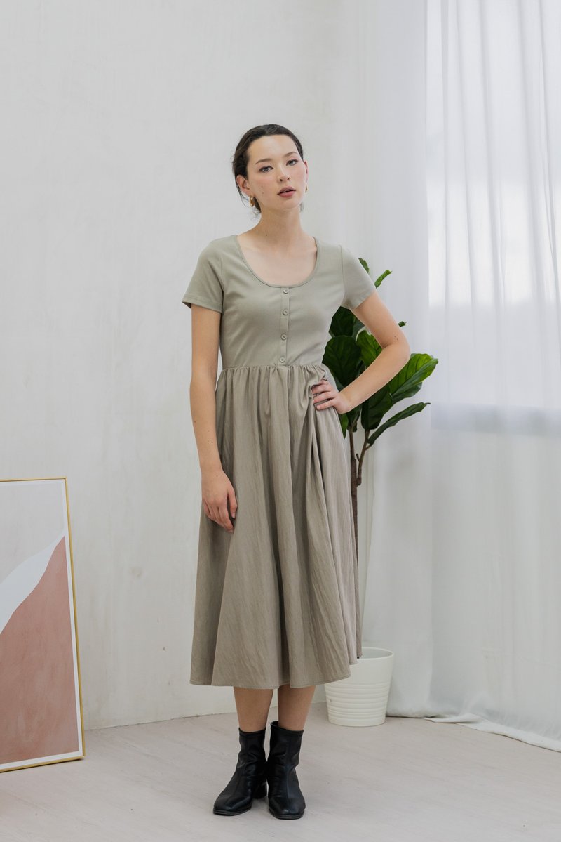 Merliah Mixed Fabric Button Midi Dress In Dusty Olive (XS)