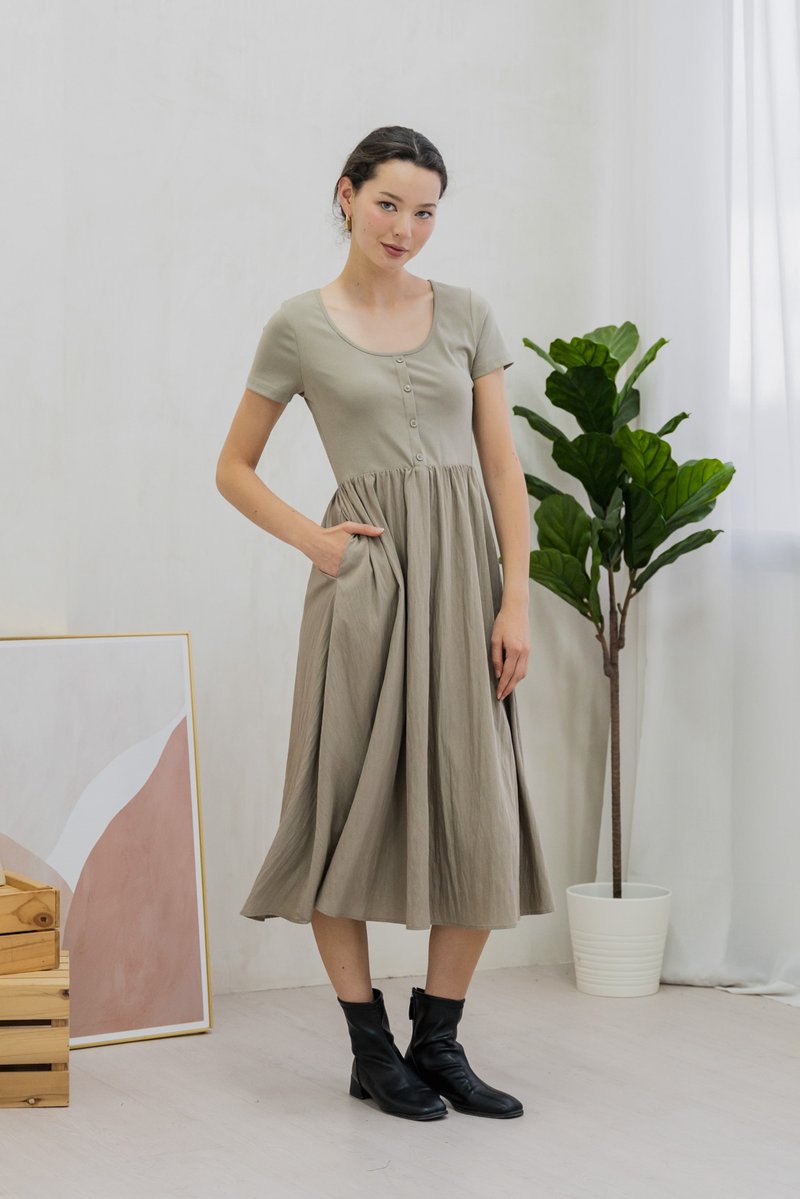 Merliah Mixed Fabric Button Midi Dress In Dusty Olive (XS)
